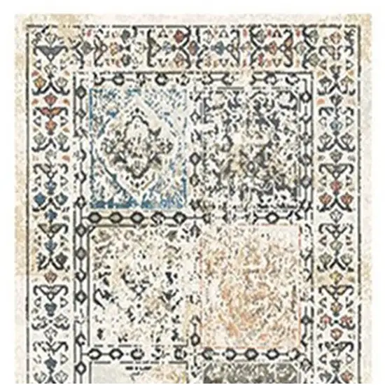 8' Ivory Blue and Gray Patchwork Distressed Runner Rug With Fringe Photo 4