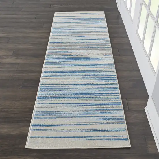 6' Ivory Blue and Gray Striped Non Skid Runner Rug Photo 9