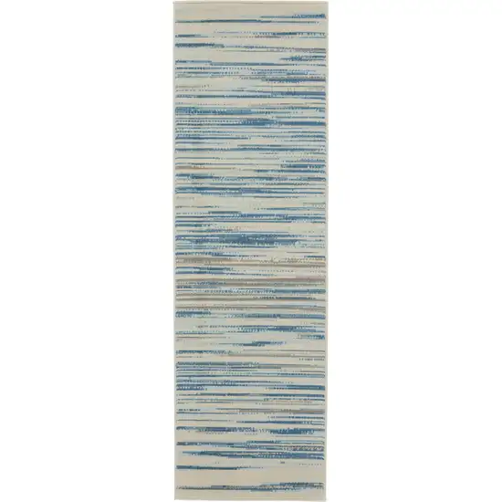 6' Ivory Blue and Gray Striped Non Skid Runner Rug Photo 2