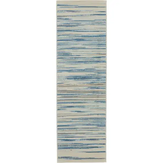 6' Ivory Blue and Gray Striped Non Skid Runner Rug Photo 5