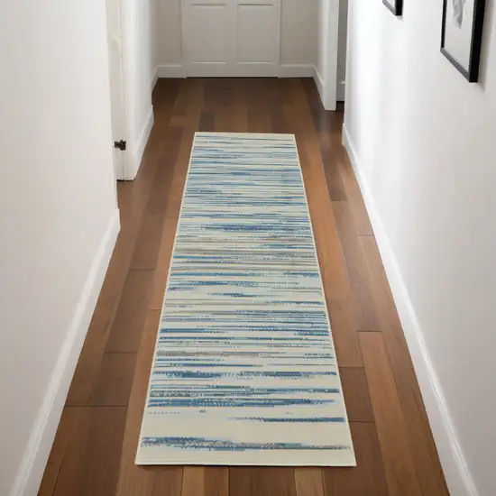 7' Ivory Blue and Gray Striped Runner Rug Photo 1