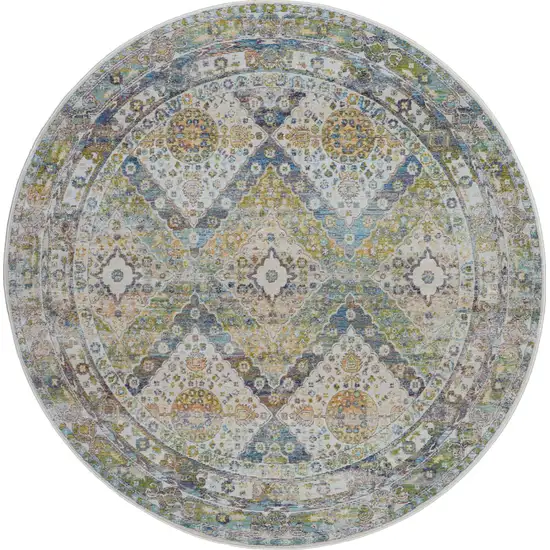 6' Ivory Blue and Green Floral Distressed Non Skid Round Rug Photo 2