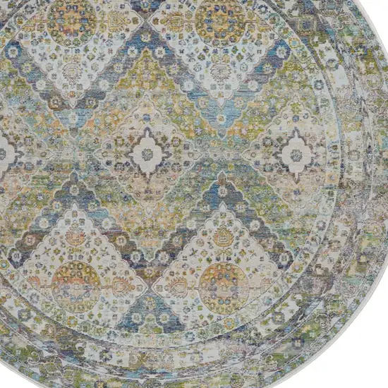 6' Ivory Blue and Green Floral Distressed Non Skid Round Rug Photo 7