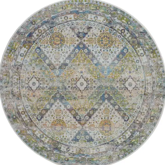 6' Ivory Blue and Green Floral Distressed Non Skid Round Rug Photo 8