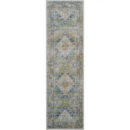 6' Ivory Blue and Green Floral Distressed Non Skid Runner Rug Photo 2