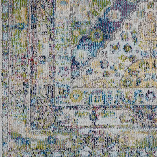 6' Ivory Blue and Green Floral Distressed Non Skid Runner Rug Photo 6