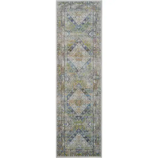 6' Ivory Blue and Green Floral Distressed Non Skid Runner Rug Photo 4