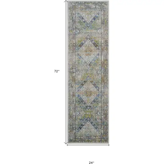 6' Ivory Blue and Green Floral Distressed Non Skid Runner Rug Photo 3