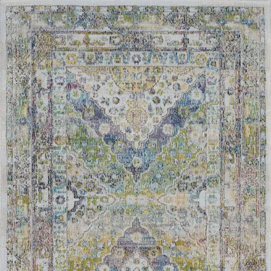 8' Ivory Blue and Green Floral Distressed Non Skid Runner Rug Photo 8