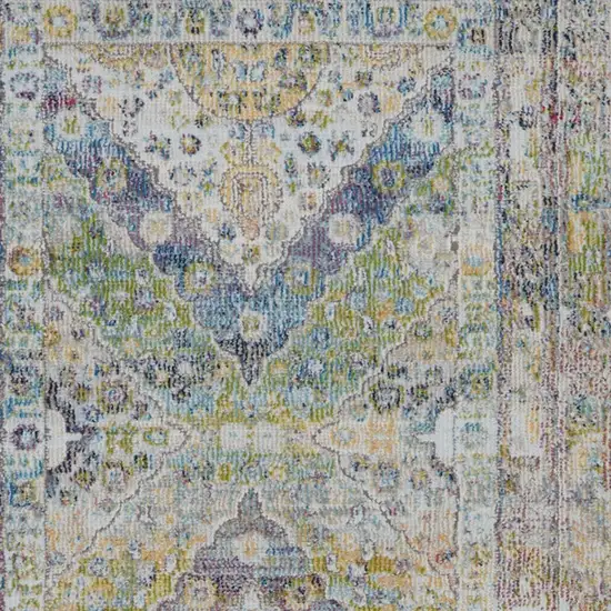 8' Ivory Blue and Green Floral Distressed Non Skid Runner Rug Photo 7