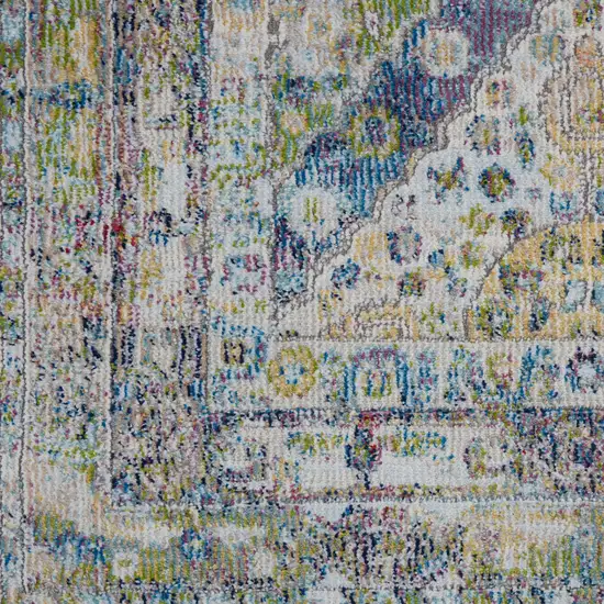 8' Ivory Blue and Green Floral Distressed Non Skid Runner Rug Photo 4