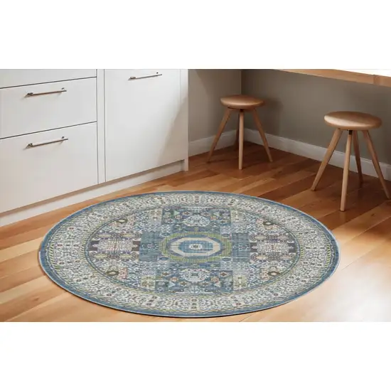 6' Ivory Blue and Green Oriental Distressed Non Skid Round Rug Photo 1