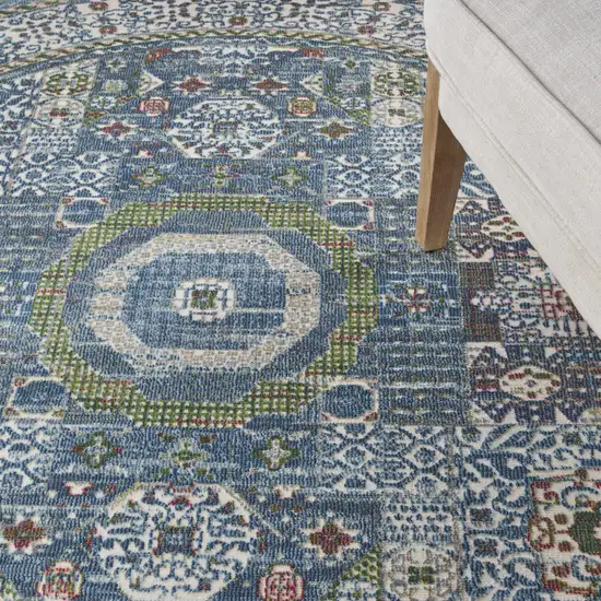 6' Ivory Blue and Green Oriental Distressed Non Skid Round Rug Photo 9