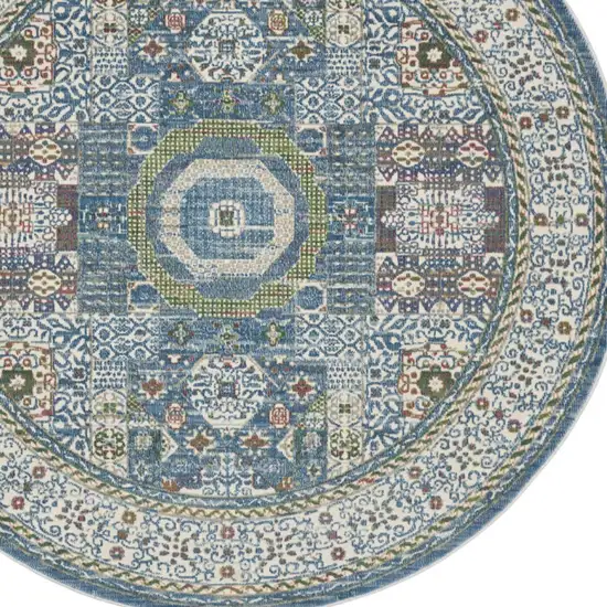 6' Ivory Blue and Green Oriental Distressed Non Skid Round Rug Photo 7