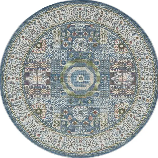 6' Ivory Blue and Green Oriental Distressed Non Skid Round Rug Photo 8