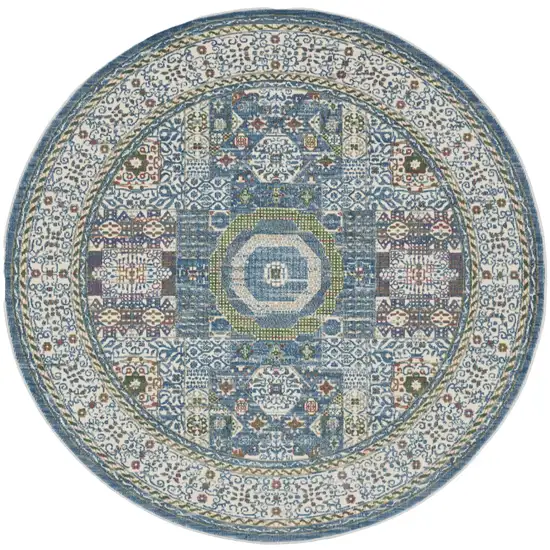 6' Ivory Blue and Green Oriental Distressed Non Skid Round Rug Photo 2