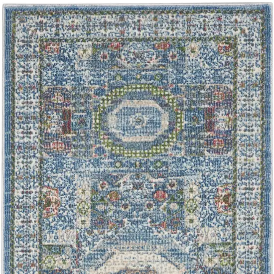 6' Ivory Blue and Green Oriental Distressed Non Skid Runner Rug Photo 8