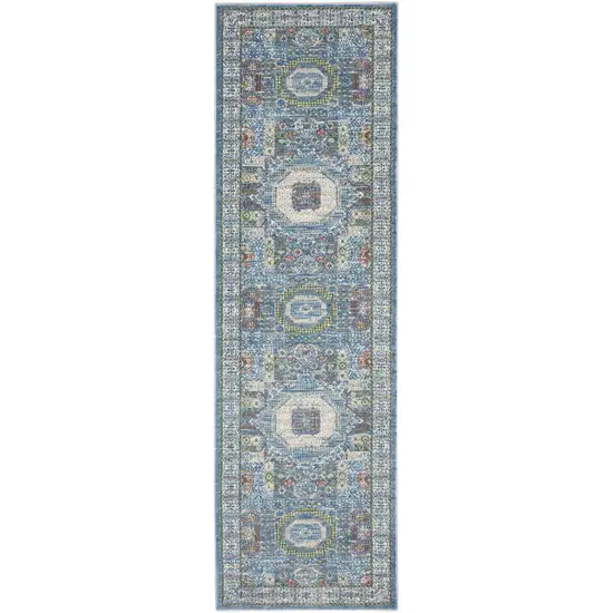 6' Ivory Blue and Green Oriental Distressed Non Skid Runner Rug Photo 2