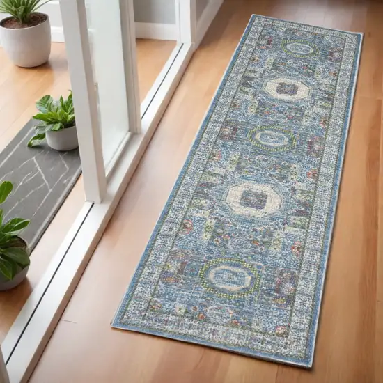 6' Ivory Blue and Green Oriental Distressed Non Skid Runner Rug Photo 1