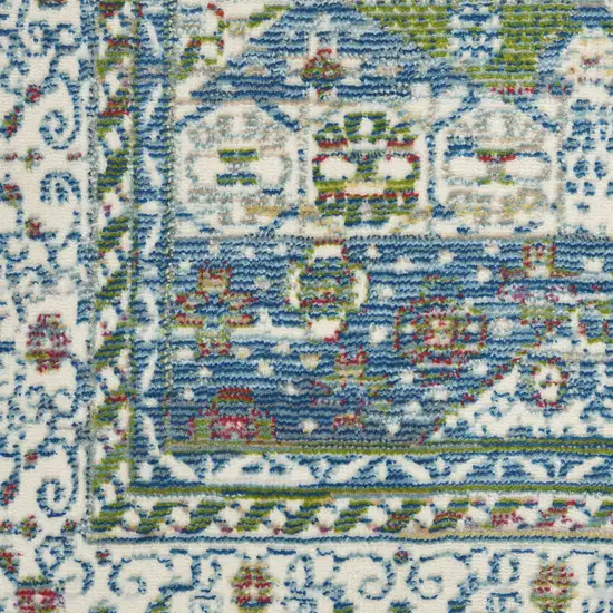 6' Ivory Blue and Green Oriental Distressed Non Skid Runner Rug Photo 5