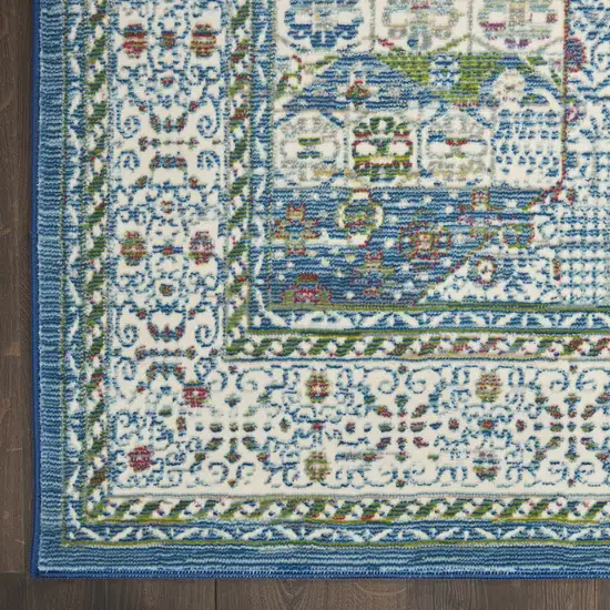 6' Ivory Blue and Green Oriental Distressed Non Skid Runner Rug Photo 4