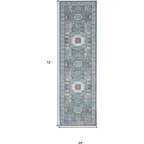 6' Ivory Blue and Green Oriental Distressed Non Skid Runner Rug Photo 3