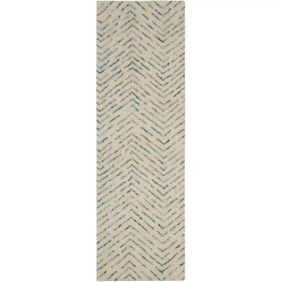 8' Ivory Blue and Green Wool Abstract Runner Rug Photo 4