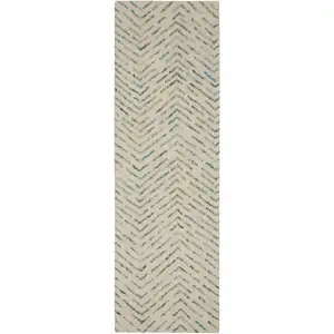 Photo of 8' Ivory Blue and Green Wool Abstract Runner Rug