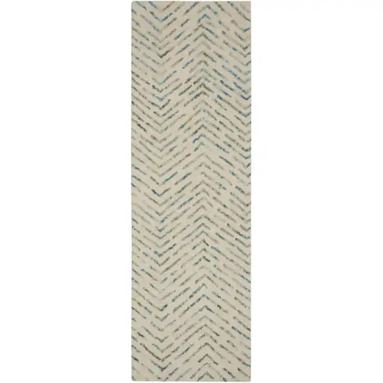 8' Ivory Blue and Green Wool Abstract Runner Rug Photo 2