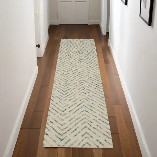 8' Ivory Blue and Green Wool Abstract Runner Rug Photo 1