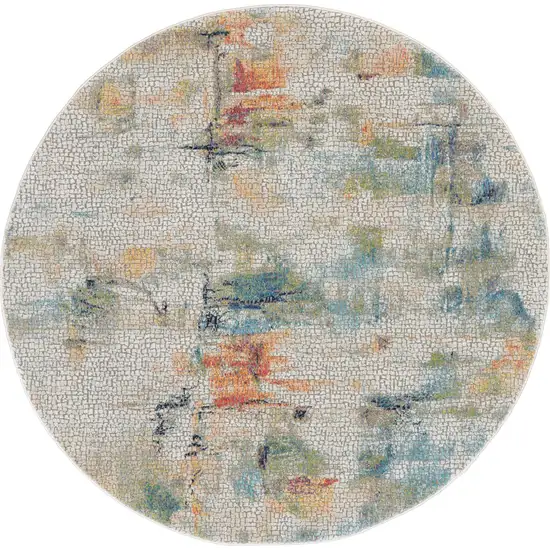 4' Ivory Blue and Orange Abstract Distressed Non Skid Round Rug Photo 2