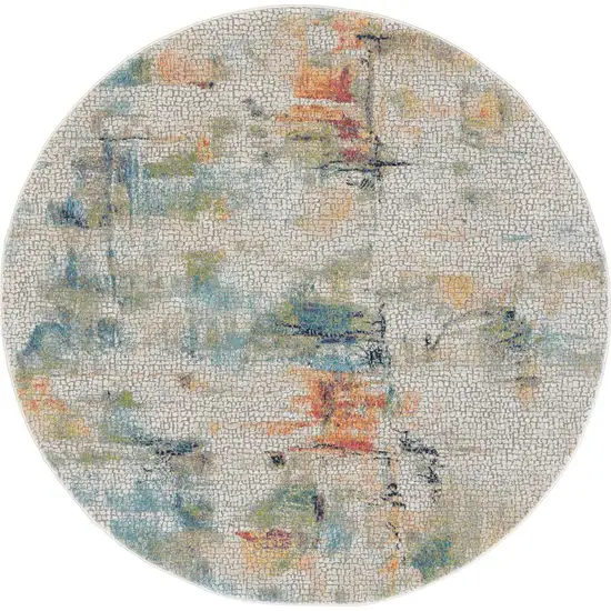 4' Ivory Blue and Orange Abstract Distressed Non Skid Round Rug Photo 5