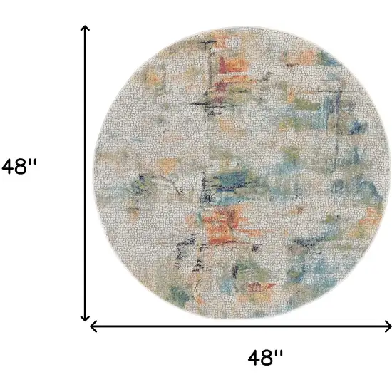 4' Ivory Blue and Orange Abstract Distressed Non Skid Round Rug Photo 3