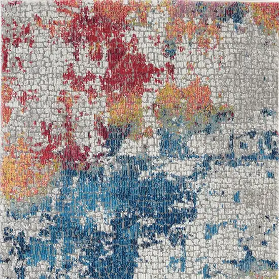 6' Ivory Blue and Orange Abstract Distressed Non Skid Runner Rug Photo 8