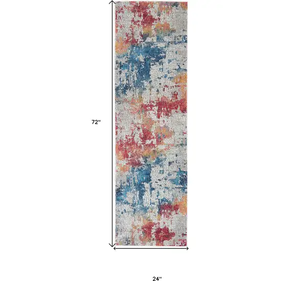 6' Ivory Blue and Orange Abstract Distressed Non Skid Runner Rug Photo 3