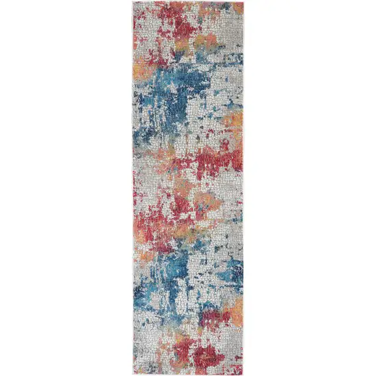 6' Ivory Blue and Orange Abstract Distressed Non Skid Runner Rug Photo 2