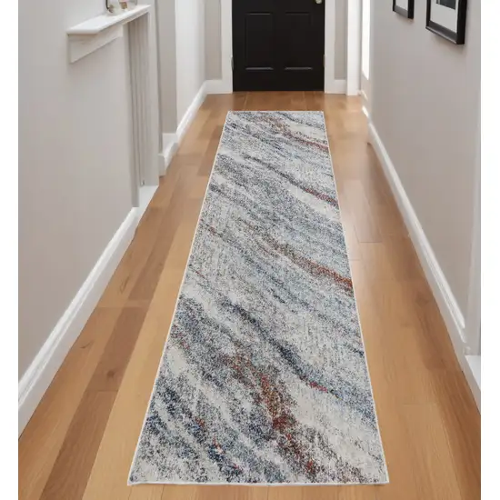 8' Ivory Blue and Orange Abstract Power Loom Runner Rug Photo 1