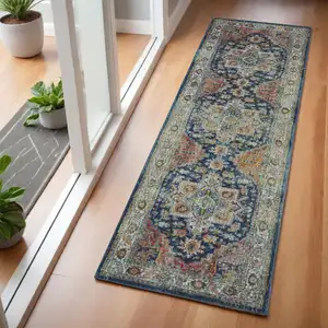 Photo of 6' Ivory Blue and Orange Floral Distressed Non Skid Runner Rug