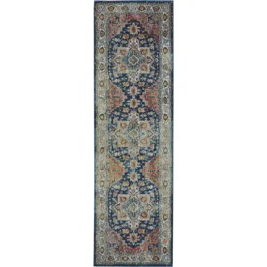 8' Ivory Blue and Orange Floral Distressed Non Skid Runner Rug Photo 4