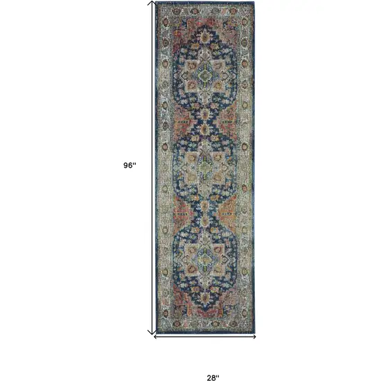 8' Ivory Blue and Orange Floral Distressed Non Skid Runner Rug Photo 3