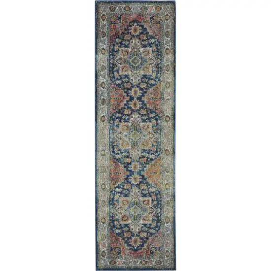 8' Ivory Blue and Orange Floral Distressed Non Skid Runner Rug Photo 2