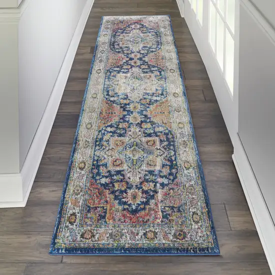 8' Ivory Blue and Orange Floral Distressed Non Skid Runner Rug Photo 9