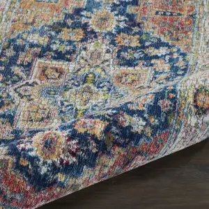 Photo of 8' Ivory Blue and Orange Floral Distressed Non Skid Runner Rug