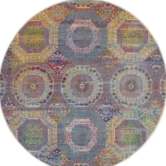 4' Ivory Blue and Orange Geometric Distressed Non Skid Round Rug Photo 8