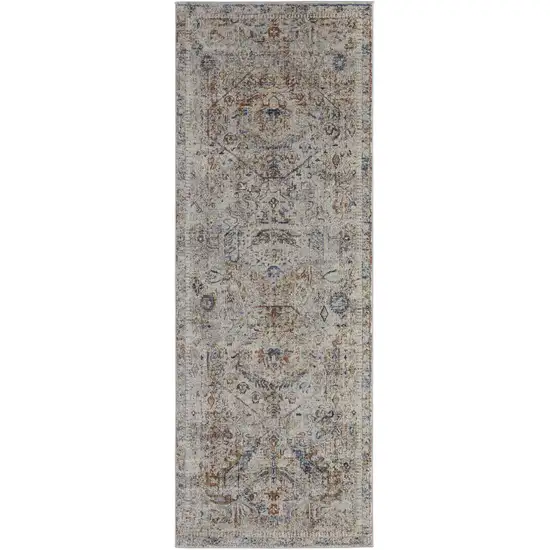 12' Ivory Blue and Orange Medallion Power Loom Distressed Runner Rug With Fringe Photo 2