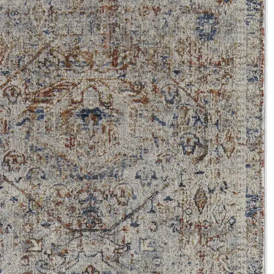 12' Ivory Blue and Orange Medallion Power Loom Distressed Runner Rug With Fringe Photo 5