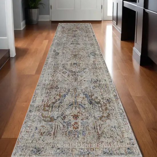 12' Ivory Blue and Orange Medallion Power Loom Distressed Runner Rug With Fringe Photo 1