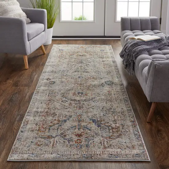 12' Ivory Blue and Orange Medallion Power Loom Distressed Runner Rug With Fringe Photo 6