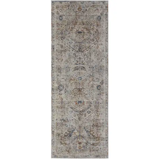 12' Ivory Blue and Orange Medallion Power Loom Distressed Runner Rug With Fringe Photo 4