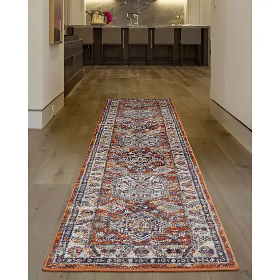 8' Ivory Blue and Orange Medallion Runner Rug Photo 6